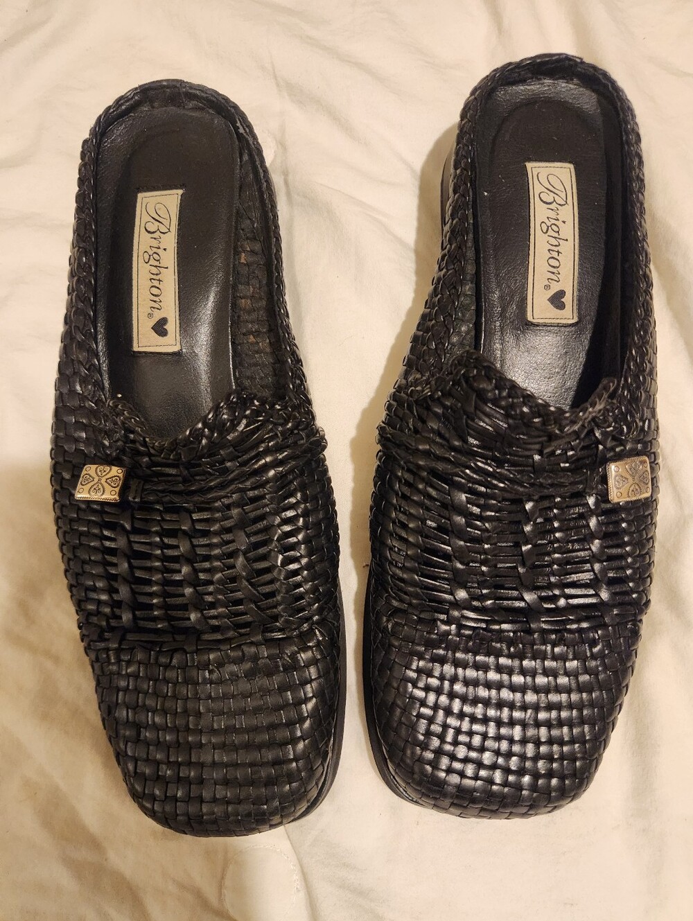 Brighton Black Woven Leather Slip-On Moccasins with Brass Accent Sz 9